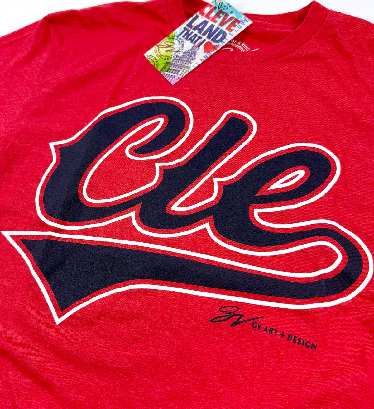 Red CLE Script Baseball T shirt