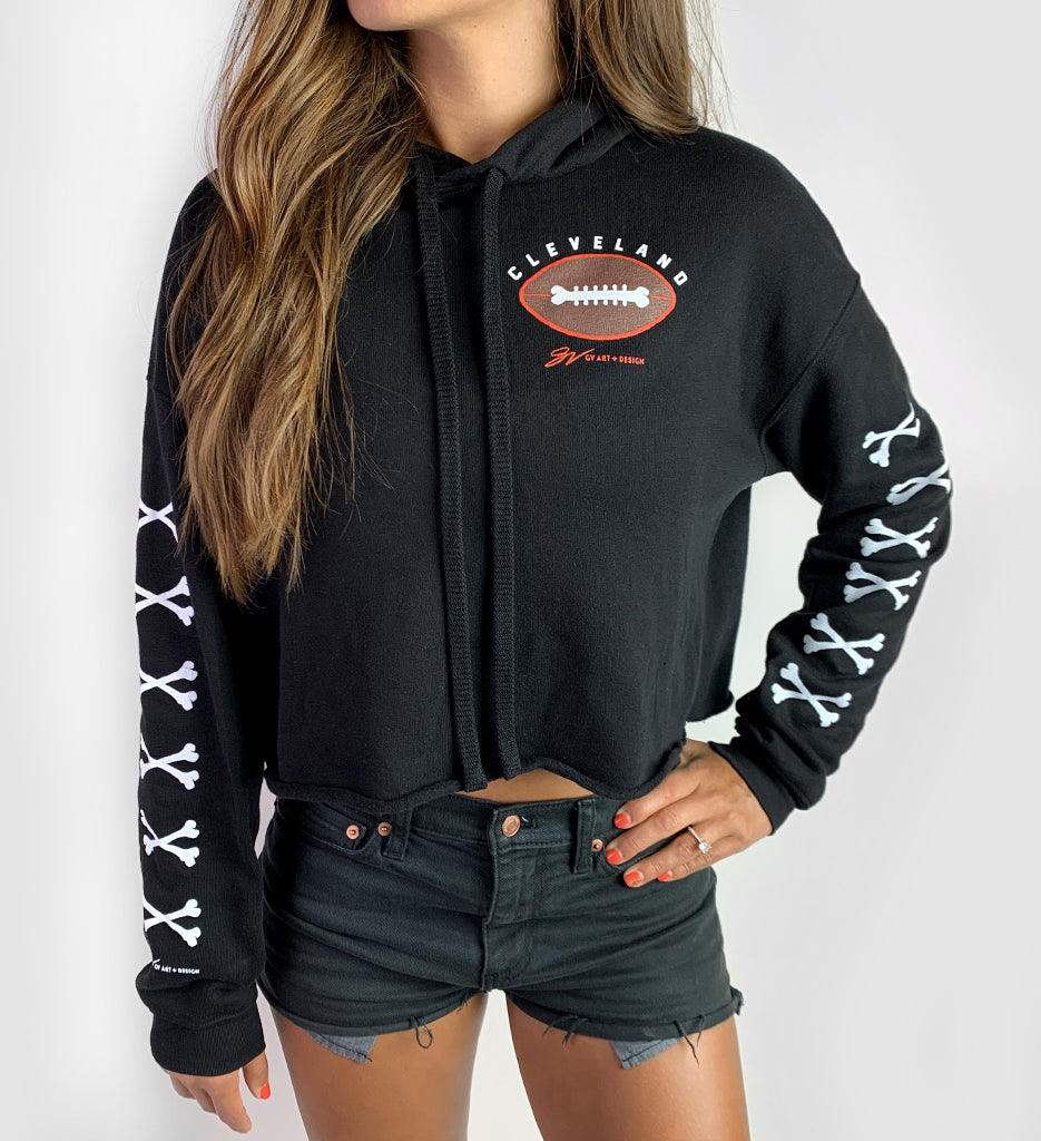 Women's Cropped Cleveland Football Bone Hooded Sweatshirt